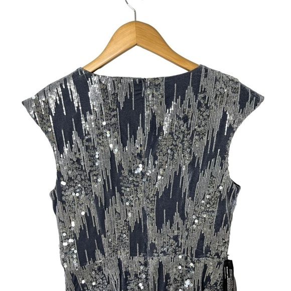 JS Collection June Faux Wrap MIDI Dress Size 12 Gray Blue Cap Sleeve Velvet - Picture 7 of 12